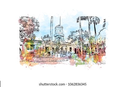 Buildings view with street of Lima, Capital of Peru. Watercolor splash with hand drawn sketch illustration in vector.