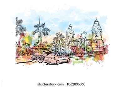 Buildings view with street of Lima, Capital of Peru. Watercolor splash with hand drawn sketch illustration in vector.