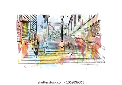 Buildings view with street of Lima, Capital of Peru. Watercolor splash with hand drawn sketch illustration in vector.