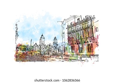 Buildings view with street of Lima, Capital of Peru. Watercolor splash with hand drawn sketch illustration in vector.