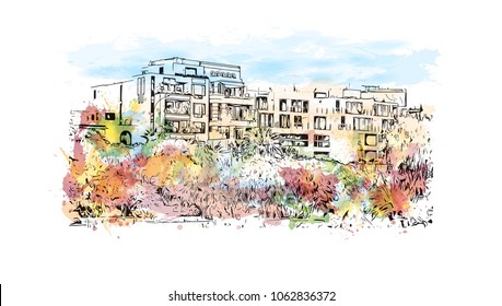 Buildings view with street of Lima, Capital of Peru. Watercolor splash with hand drawn sketch illustration in vector.