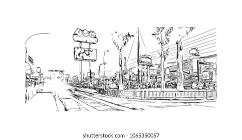 Buildings view with street in Lima, Capital of Peru. Hand drawn sketch illustration in vector.