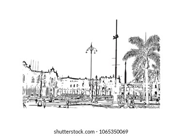 Buildings view with street in Lima, Capital of Peru. Hand drawn sketch illustration in vector.