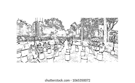 Buildings view with street in Lima, Capital of Peru. Hand drawn sketch illustration in vector.