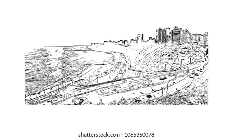 Buildings view with street in Lima, Capital of Peru. Hand drawn sketch illustration in vector.