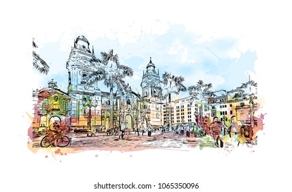 Buildings view with street in Lima, Capital of Peru. watercolor splash with Hand drawn sketch illustration in vector.