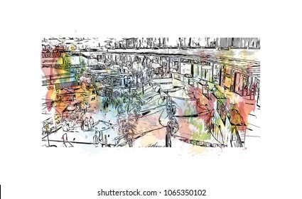 Buildings view with street in Lima, Capital of Peru. watercolor splash with Hand drawn sketch illustration in vector.