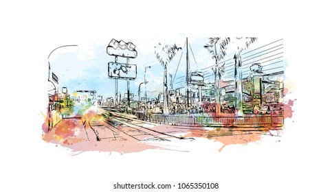 Buildings view with street in Lima, Capital of Peru. watercolor splash with Hand drawn sketch illustration in vector.