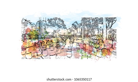 Buildings view with street in Lima, Capital of Peru. watercolor splash with Hand drawn sketch illustration in vector.