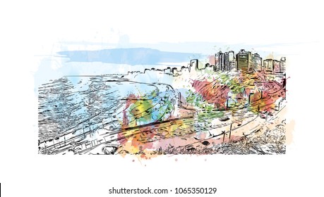 Buildings view with street in Lima, Capital of Peru. watercolor splash with Hand drawn sketch illustration in vector.