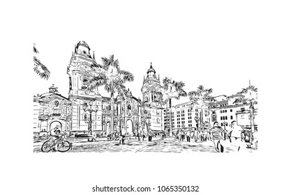 Gebäude mit Blick auf die Straße in Lima, Hauptstadt von Peru. Handgezeichnete Skizzengrafik in der Vektorillustration.