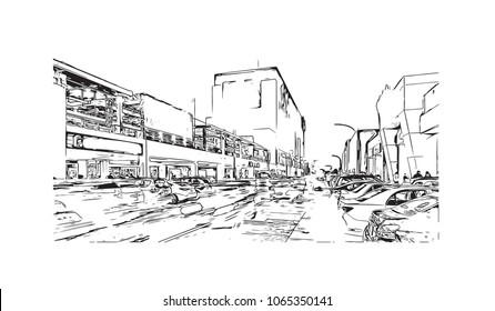 Buildings view with street in Lima, Capital of Peru. Hand drawn sketch illustration in vector.