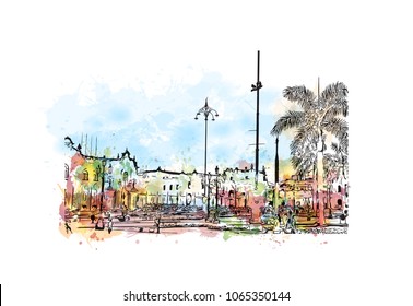 Buildings view with street in Lima, Capital of Peru. watercolor splash with Hand drawn sketch illustration in vector.