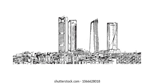 Buildings view with street of Madrid Capital of Spain. Hand drawn sketch illustration in vector.
