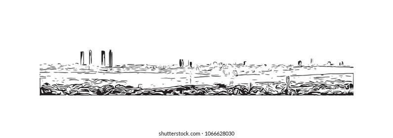 Buildings view with street of Madrid Capital of Spain. Hand drawn sketch illustration in vector.