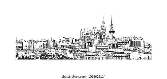 Buildings view with street of Madrid Capital of Spain. Hand drawn sketch illustration in vector.