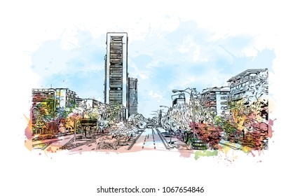 Buildings view with street of Madrid Capital of Spain. Watercolor splash with hand drawn sketch illustration in vector.