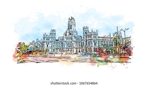 Buildings view with street of Madrid Capital of Spain. Watercolor splash with hand drawn sketch illustration in vector.