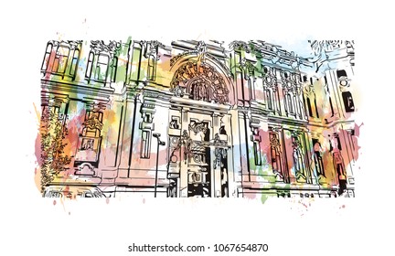 Buildings view with street of Madrid Capital of Spain. Watercolor splash with hand drawn sketch illustration in vector.