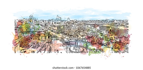 Buildings view with street of Madrid Capital of Spain. Watercolor splash with hand drawn sketch illustration in vector.