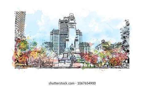 Buildings view with street of Madrid Capital of Spain. Watercolor splash with hand drawn sketch illustration in vector.
