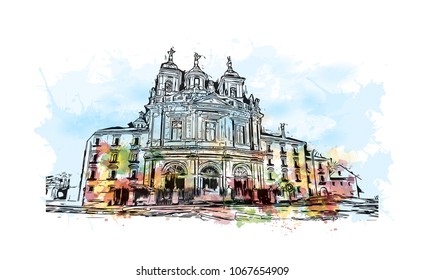 Buildings view with street of Madrid Capital of Spain. Watercolor splash with hand drawn sketch illustration in vector.