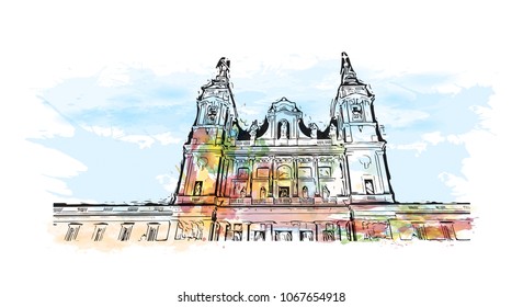 Buildings view with street of Madrid Capital of Spain. Watercolor splash with hand drawn sketch illustration in vector.