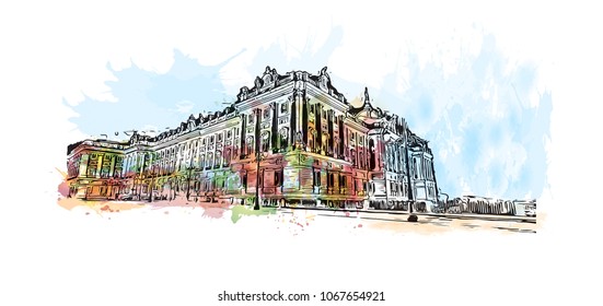 Buildings view with street of Madrid Capital of Spain. Watercolor splash with hand drawn sketch illustration in vector.