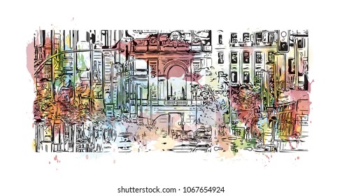 Buildings view with street of Madrid Capital of Spain. Watercolor splash with hand drawn sketch illustration in vector.