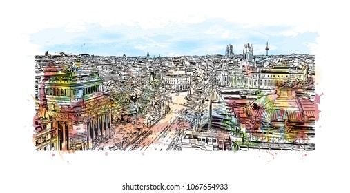 Buildings view with street of Madrid Capital of Spain. Watercolor splash with hand drawn sketch illustration in vector.