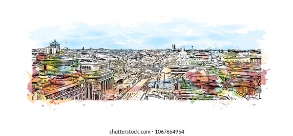 Buildings view with street of Madrid Capital of Spain. Watercolor splash with hand drawn sketch illustration in vector.