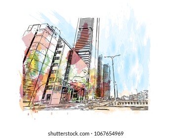 Buildings view with street of Madrid Capital of Spain. Watercolor splash with hand drawn sketch illustration in vector.