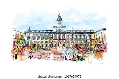 Buildings view with street of Madrid Capital of Spain. Watercolor splash with hand drawn sketch illustration in vector.