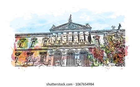 Buildings view with street of Madrid Capital of Spain. Watercolor splash with hand drawn sketch illustration in vector.