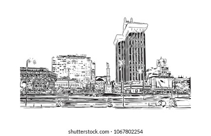 Buildings view with street Madrid Capital of Spain. Hand drawn sketch illustration in vector.