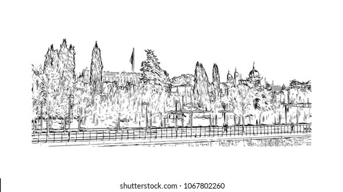 Buildings view with street Madrid Capital of Spain. Hand drawn sketch illustration in vector.