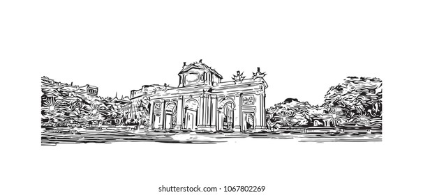 Buildings view with street Madrid Capital of Spain. Hand drawn sketch illustration in vector.