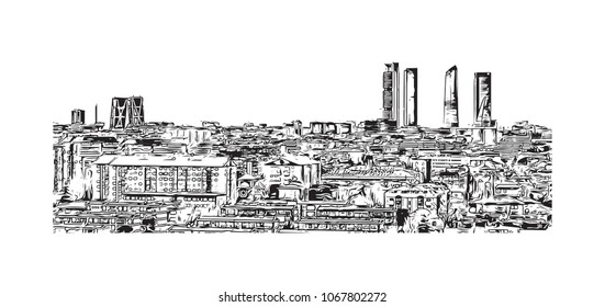Buildings view with street Madrid Capital of Spain. Hand drawn sketch illustration in vector.