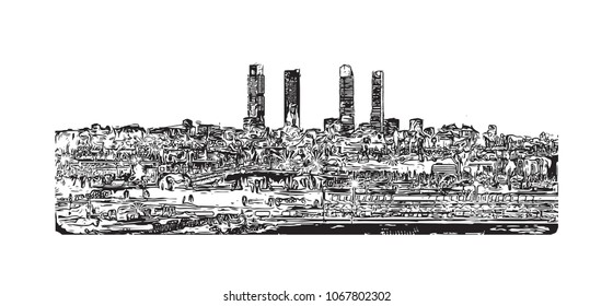 Buildings view with street Madrid Capital of Spain. Hand drawn sketch illustration in vector.