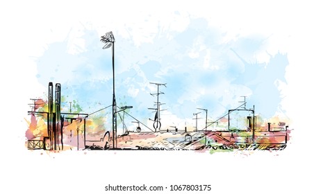 Buildings view with street Madrid Capital of Spain. Watercolor splash with Hand drawn sketch illustration in vector.