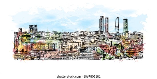 Buildings view with street Madrid Capital of Spain. Watercolor splash with Hand drawn sketch illustration in vector.
