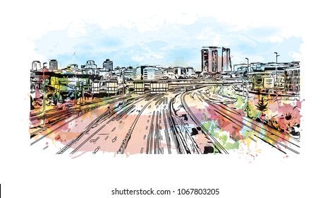 Buildings view with street Madrid Capital of Spain. Watercolor splash with Hand drawn sketch illustration in vector.