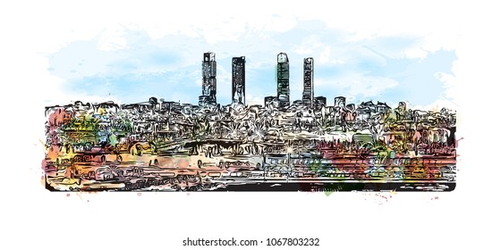 Buildings view with street Madrid Capital of Spain. Watercolor splash with Hand drawn sketch illustration in vector.