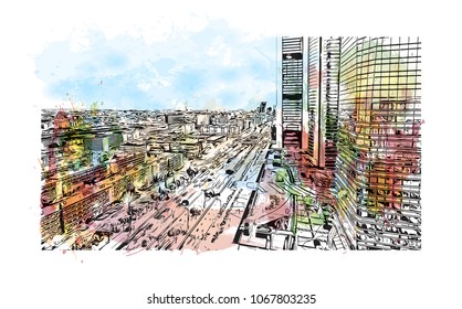 Buildings view with street Madrid Capital of Spain. Watercolor splash with Hand drawn sketch illustration in vector.