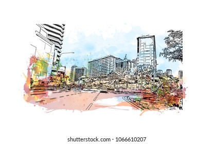 Buildings view with street of Singapore Country in Asia. Watercolor splash with Hand drawn sketch illustration in vector.