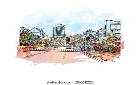 Buildings view with street of Singapore Country in Asia. Watercolor splash with Hand drawn sketch illustration in vector.