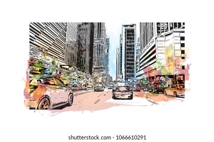 Buildings view with street of Singapore Country in Asia. Watercolor splash with Hand drawn sketch illustration in vector. - Shutterstock ID 1066610291