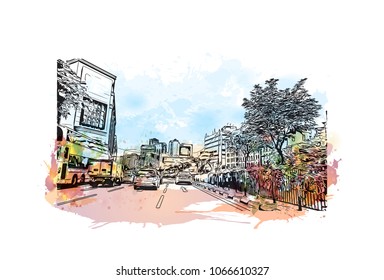 Buildings view with street of Singapore Country in Asia. Watercolor splash with Hand drawn sketch illustration in vector.