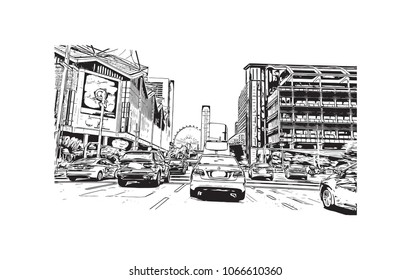Buildings view with street of Singapore Country in Asia. Hand drawn sketch illustration in vector.