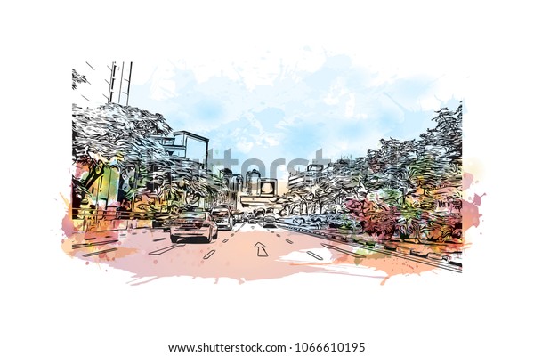 Buildings\
view with street of Singapore Country in Asia. Watercolor splash\
with Hand drawn sketch illustration in\
vector.